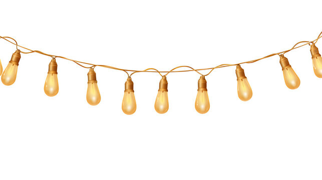 Realistic glowing string of holiday lights with soft golden bulbs isolated on white background