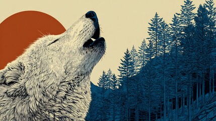 Fototapeta premium Mountain wolf vector design howling crescent moon with pine forest backdrop detailed line art no humans