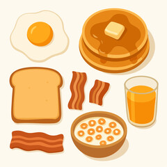 American breakfast food set with pancakes, fried eggs, bacon, toast, and orange juice for morning meal menu.