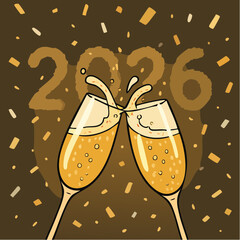 Two champagne glasses clinking for a toast with 2026 background for New Year Eve party and celebration.