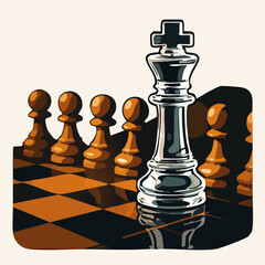 Chess board game illustration featuring king and pawns symbolizing strategy, leadership, and competition.