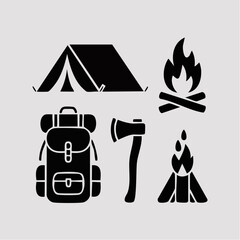 Black silhouette camping icons featuring tent, campfire, backpack, and axe for outdoor adventure logo design.