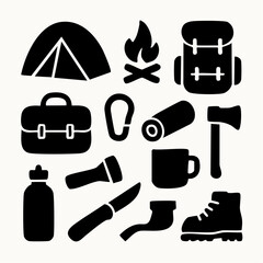 Set of camping equipment silhouettes including bag, lantern, knife, and boots for hiking and survival themes.