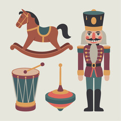 Traditional Christmas toy set featuring rocking horse, nutcracker, drum, and spinning top for holiday nostalgia.