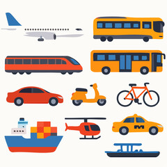 Transportation vehicle set including airplane, train, bus, ship, and car for travel and logistics design.