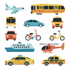 City transport icons featuring taxi, bus, bicycle, scooter, and helicopter for urban mobility and app interface.