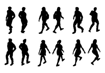 isometric people walking silhouette set for architectural, front and back view, black shadow.