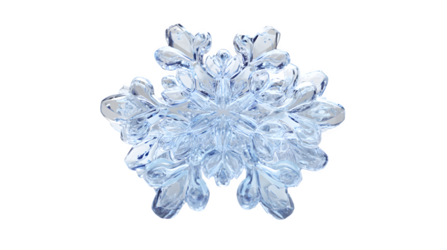 Realistic transparent glass snowflake 3D render isolated on white background