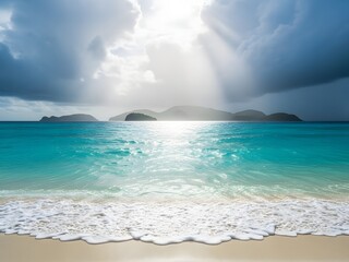 Tropical beach paradise with turquoise water white sand and dramatic sky featuring sun rays breaking through storm clouds on the horizon