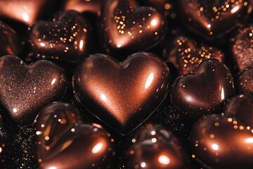 Chocolate heart candies on a dark background.