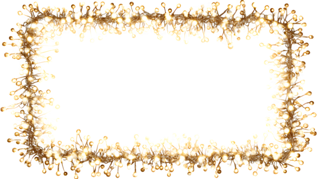 Rectangular Christmas light frame glowing with golden bulbs isolated on white background