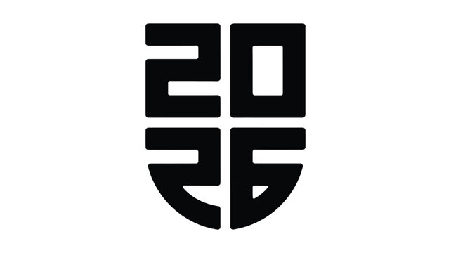 Bold black graphic logo design featuring the year 2026 stylized within a shield shape