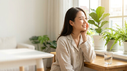 部屋着姿でリラックスし、頬に手を添える若い日本人女性