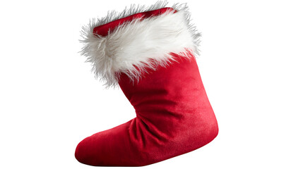 Red Christmas stocking with white trim and fur detail isolated on white background