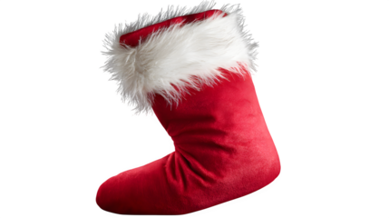Red Christmas stocking with white trim and fur detail isolated on white background