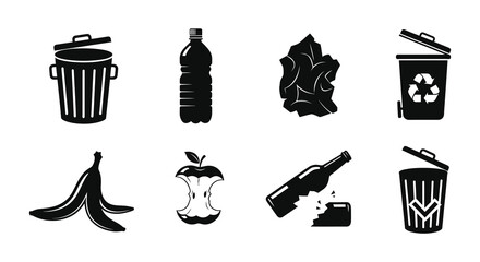 Black and white icons depicting various forms of waste and recycling