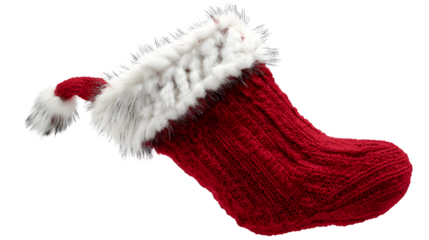 Red Christmas stocking with white trim and fur detail isolated on white background