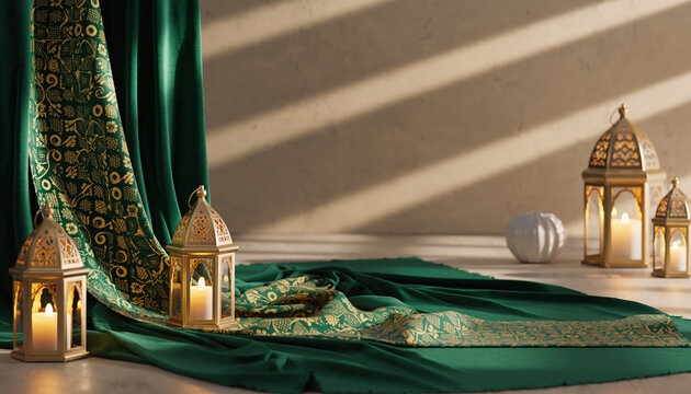 Elegant Islamic Ramadan decorations featuring illuminated lanterns and draped fabric