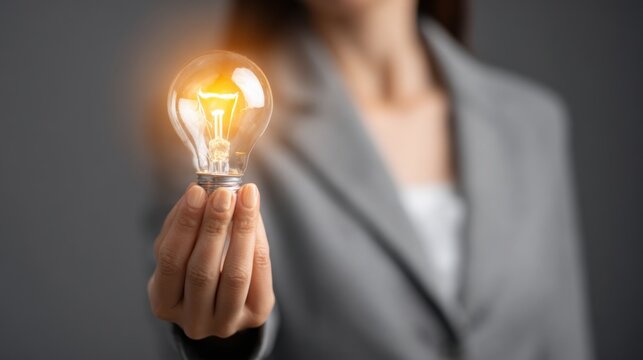 Woman holding glowing light bulb offering new idea