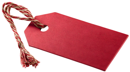 Red Christmas tag with string hole for labeling gifts isolated on white background