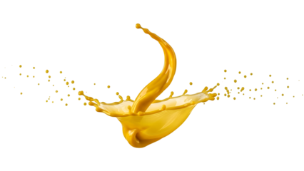Dynamic yellow liquid splash creating an energetic crown shape, with vibrant droplets captured in motion, ideal for beverage and food designs, isolated on transparent background