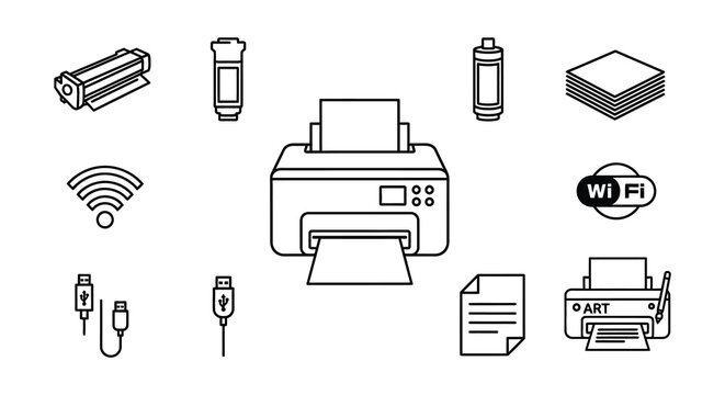Office equipment icons depicting printers cartridges and wireless connectivity