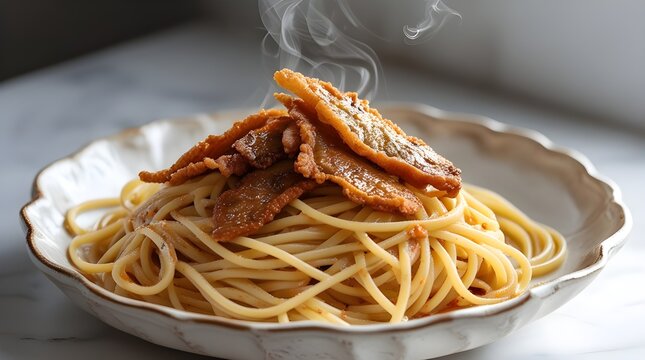 spaghetti with meatballs , spaghetti and meatballs, spaghetti with meat sauce, pasta linguine with fried chicken liver, top view - Powered by Adobe