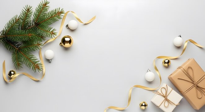 Christmas tree branch with golden ornaments and gift boxes on a light background
