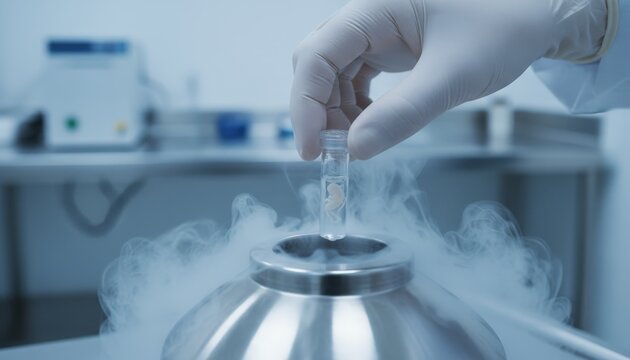 Scientist hand in glove holding a cryovial with an embryo during in vitro fertilization - ivf - process, lowering it into liquid nitrogen for cryopreservation in a laboratory