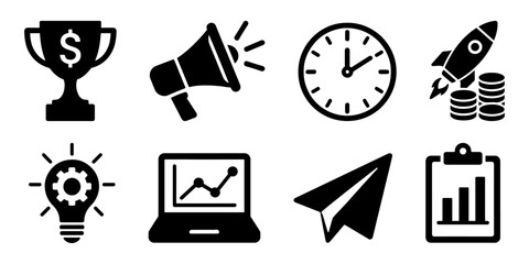 Business and finance icons set depicting success and growth in black