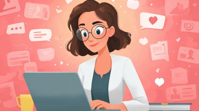 Woman working on laptop with social media icons