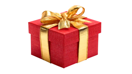 Red gift box with golden bow isolated on white background