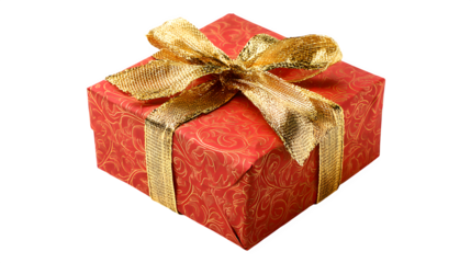 Red gift box wrapped with gold ribbon and bow isolated on white background