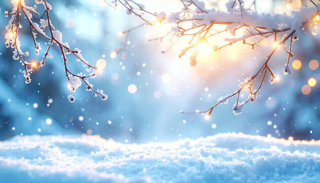 Snow-covered branches with glowing lights create a magical winter wonderland scene, sparking joy