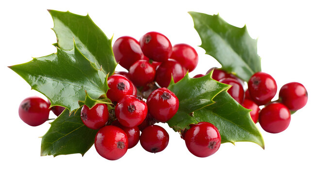 Red holly berries with bright green leaves close-up isolated on white background