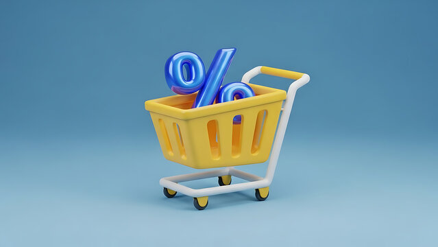 3D Yellow Shopping Cart with Shiny Blue Percentage Symbol Icon for Discount Sale Concept Glacial - Powered by Adobe