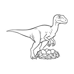 Outlined velociraptor standing near a nest filled with dinosaur eggs art