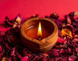 Warm candlelight illuminating dried rose petals creating a serene and romantic ambiance for