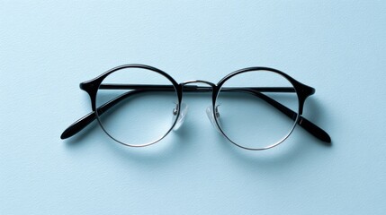 top-down view black eyeglasses, circular frame, pastel blue background, simple flat lay composition