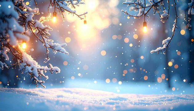 A serene winter scene showcases snow-laden branches adorned with gently glowing, warm fairy lights