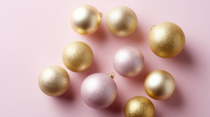 gold Christmas ornaments arranged on colorful background, flat lay style, copy space for greeting or message