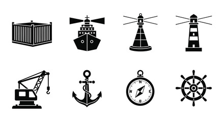 Black and white icons depicting maritime navigation and shipping elements