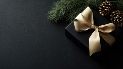 Christmas gift with gold ribbons, pinecones, and green branches, arranged on black background, festive holiday scene