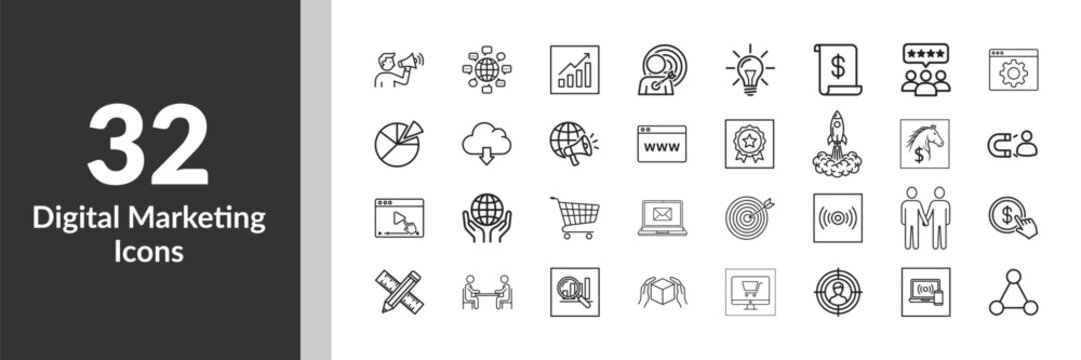 Digital Marketing Black Line Art icon Set Containing Marketing icon, E-commerce, Target 
audience, Advertising, Seo, Product, Communication, Social media, website and More.