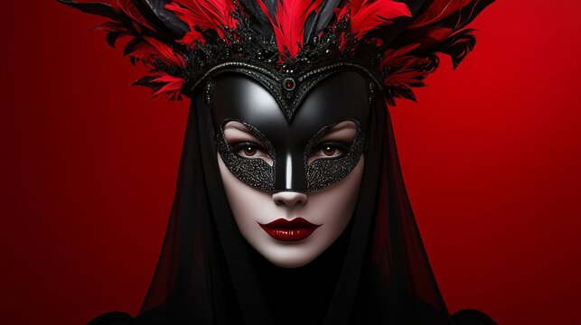 Woman wearing a black masquerade mask with red feathers poses against a red background.