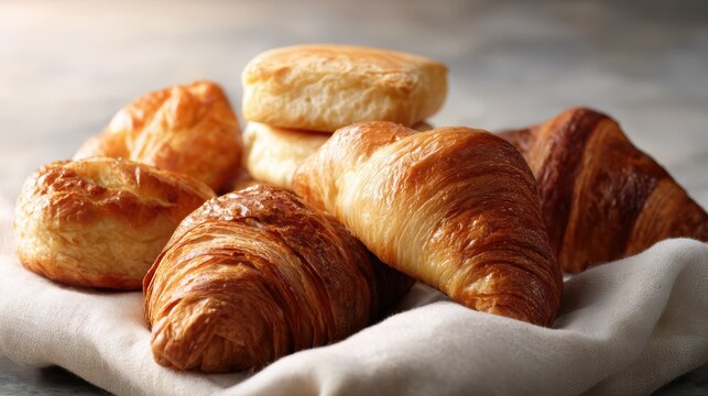 fresh baked croissants, warm and buttery, assorted French and American pastries, high-detail, appetizing look