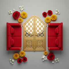 Red Sofas Flanking Ornate Golden Archway with Red and Yellow Flowers intricate doorway isolated on a transparent background
