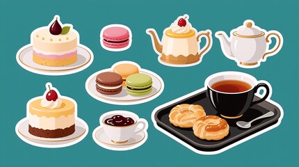 Elegant tea set with cakes and pastries, expressed joy or Used in afternoon tea scenes