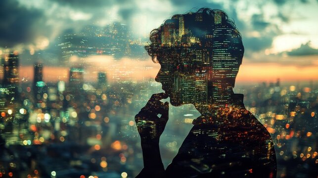 A thoughtful and contemplative man is deeply reflecting while gazing at a busy city scene filled with vibrant lights - Powered by Adobe