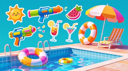 Obraz premium Vibrant pool party scene with water guns, floats, and drinks, expressed joy or Used in summer scenes